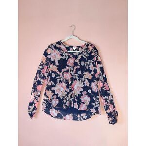 Autres Filles XL Navy Blue Floral Sheer Chiffon Long Sleeve Blouse Top